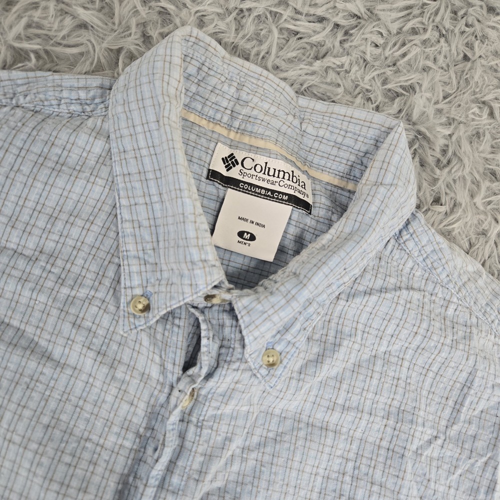 Columbia AM7146 Mens Medium Blue Seersucker Plaid Short Sleeve Button Down Shirt